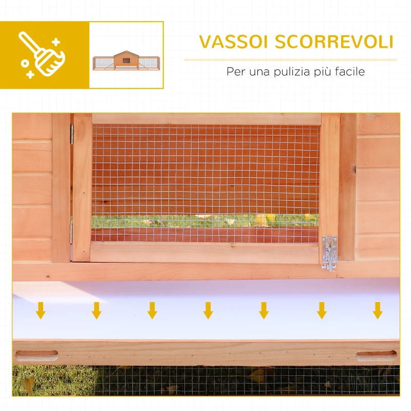 PawHut Conigliera da Esterno con Casetta e 2 Recinti, Gabbia per Conigli e Piccoli Animali di Campagna, 309x79x86 cm, Color Legno e Verde