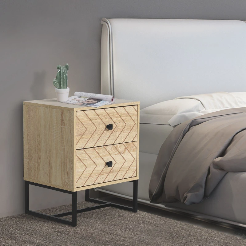 HOMCOM Nachttisch Nachtachrank Nachtkommode mit Holzoptik Beistelltisch mit 2 Schubladen Metall Natur 48 x 39,5 x 60 cm