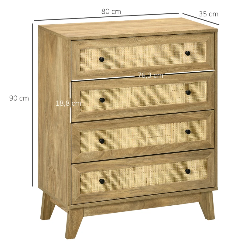 HOMCOM Cómoda con 4 Cajones Cajonera de Madera con Frontales de Ratán Estilo Cannage para Dormitorio 80x35x95 cm Natural(m-3)