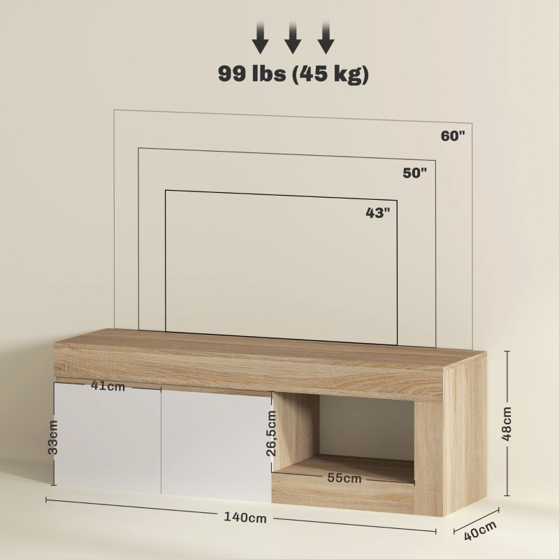 HOMCOM Mesa de TV con 2 Puertas Estante Abierto Mueble de TV para Salón para Televisores de 60 Pulgadas Blanco y Natural