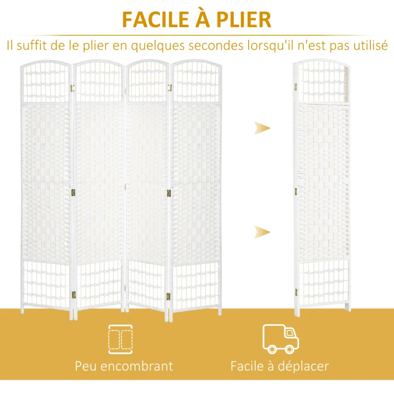 HOMCOM Paravent intérieur en bois séparateur de pièce cloison pliable 4 panneaux 160 x 170 cm blanc