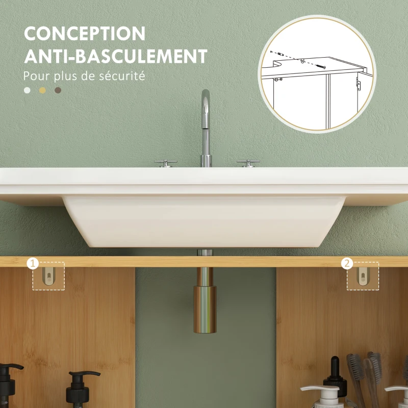 HOMCOM Meuble sous lavabo salle de bain en bambou et MDF meuble sous vasque 2 portes et 1 étagère - 70L x 33l x 79,5H cm