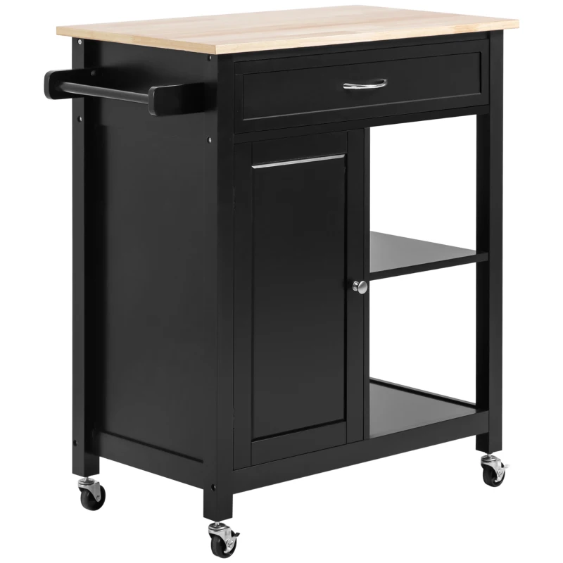 HOMCOM Carrello Cucina in Legno con Cassetto, Armadietto e 2 Ripiani Aperti, 2 Ruote con Freno, 83x45x88 cm, Nero