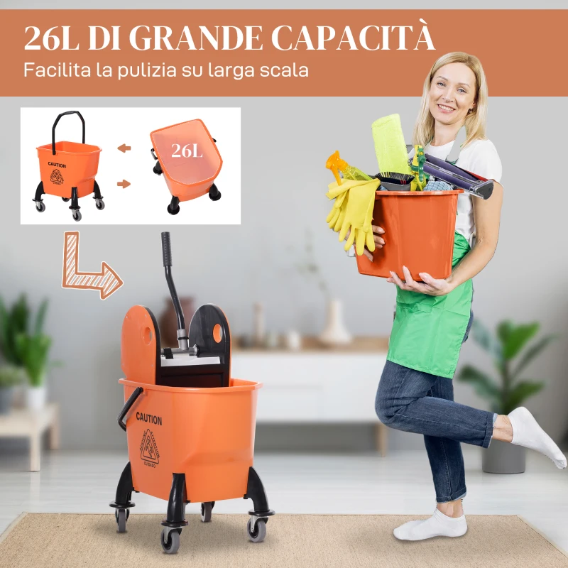 HOMCOM Carrello delle Pulizie Professionale Capacità 26L Strizzatore Rimovibile con Ruote 44 × 36 × 90cm Arancione