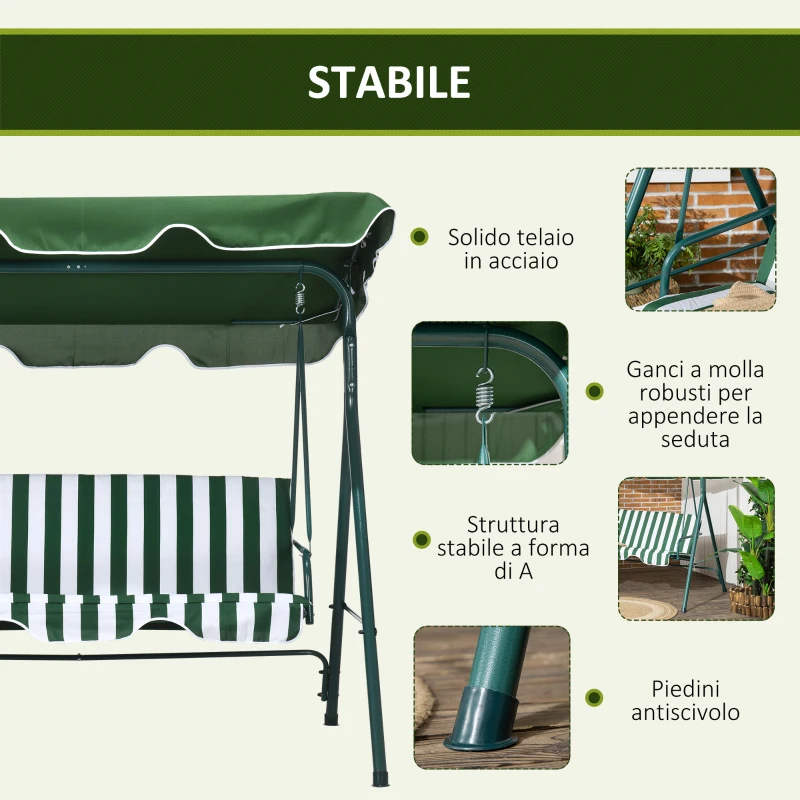 Outsunny Dondolo da Giardino 3 Posti in Acciaio e Teslin con Tetto Parasole, 172x110x153 cm, Bianco e Verde