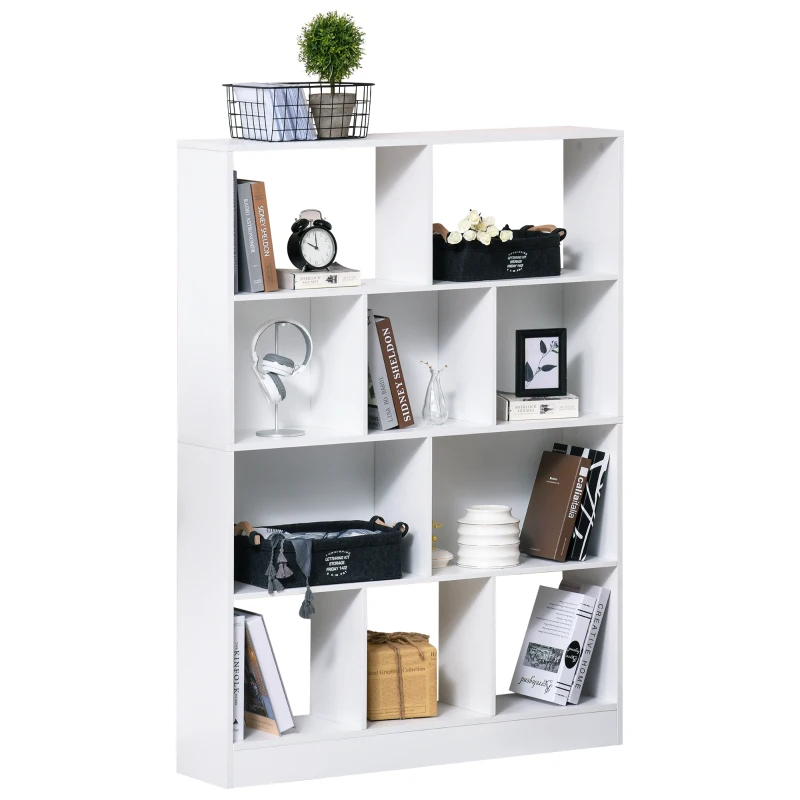 HOMCOM Estantería Librería de 4 Niveles con 10 Compartimentos Estantes de Almacenaje Multiusos para Libros Plantas 100x23,8x140 cm Blanco