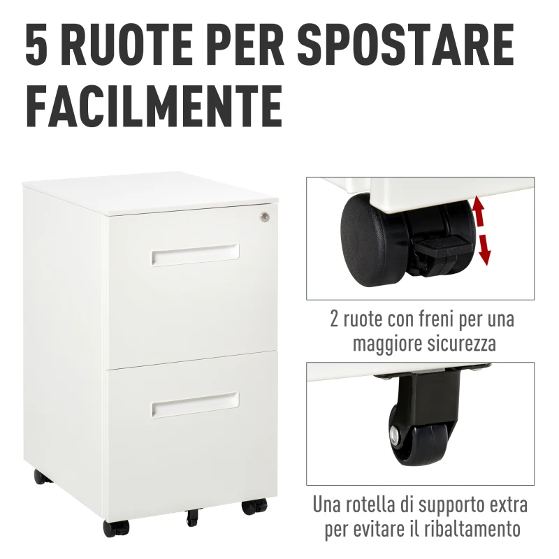 Vinsetto Cassettiera Ufficio con Ruote, Schedario Portadocumenti a 2 Cassetti con Serratura e 2 Chiavi in Acciaio, 39x48x67cm, Bianco
