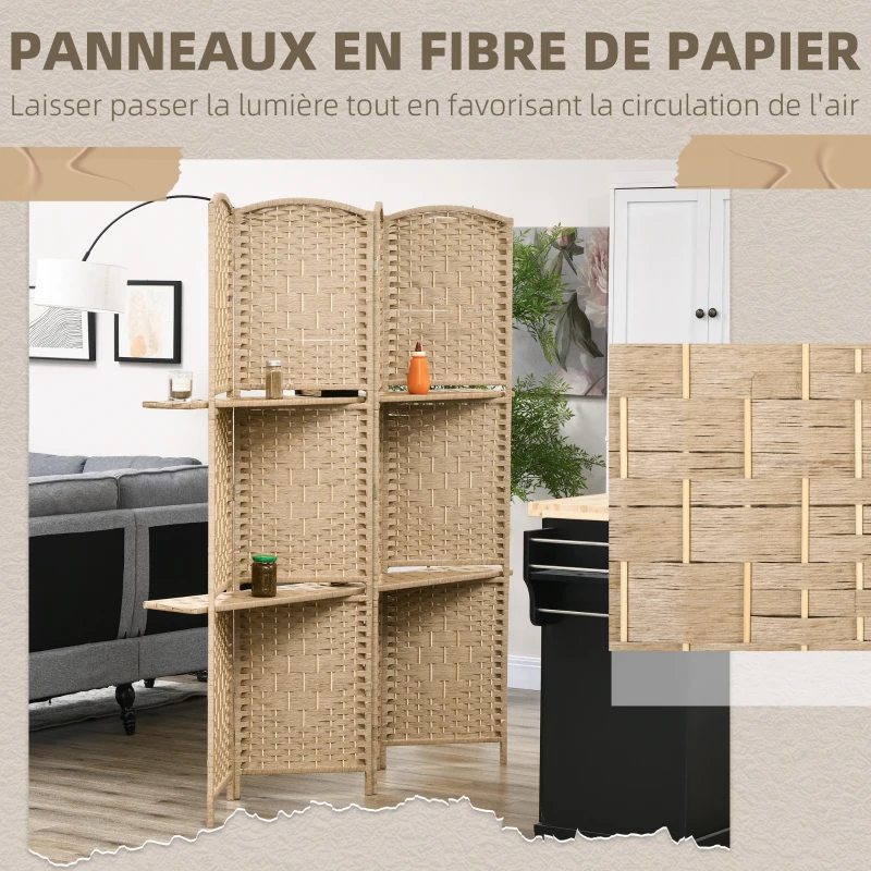 HOMCOM Paravent séparateur de pièce 4 panneaux 160 x170 cm avec 2 étagères, pliable, en bois