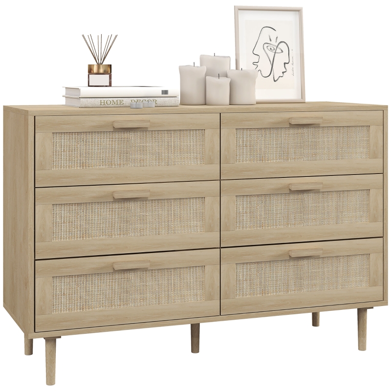 HOMCOM Cassettiera 6 Cassetti in Legno e Rattan Stile Boho per Soggiorno e Camera da Letto, 110x40x75 cm