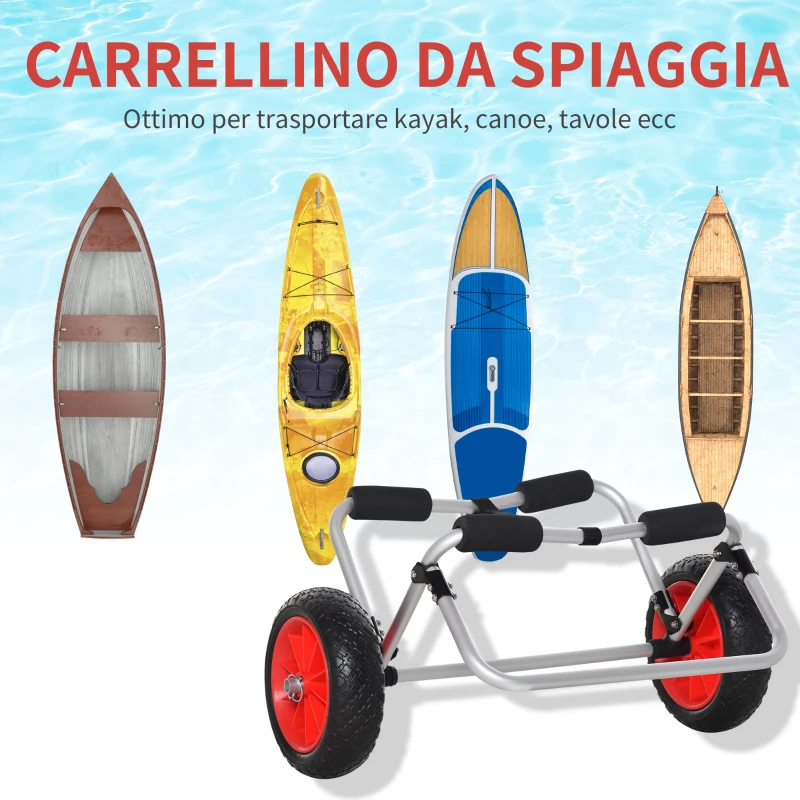 HOMCOM Carrellino da Spiaggia Pieghevole per Kayak e Canoa con Paraurti, in Alluminio e NBR, 70x40x42 cm