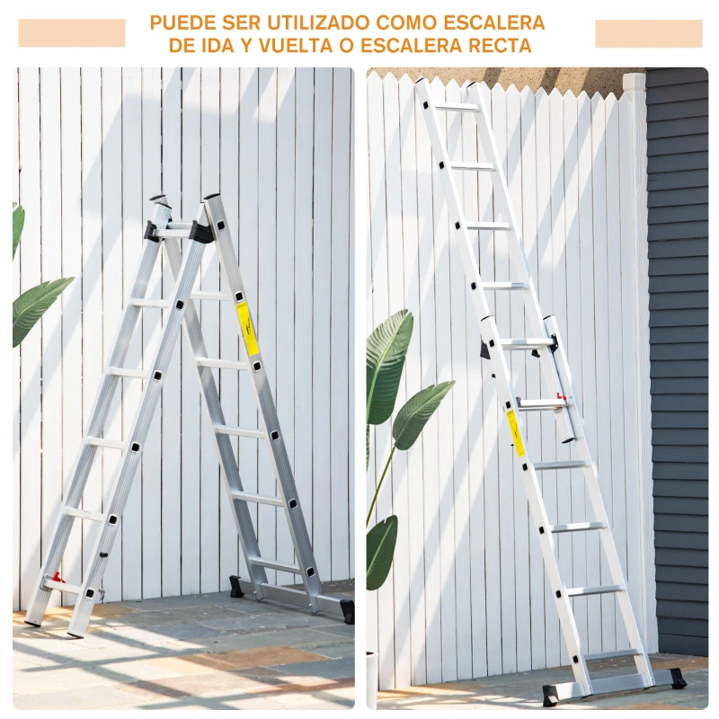 HOMCOM Escalera Aluminio Triangular de Tijera Plegable Portátil 2 Formas de Uso Pie Antideslizante Altura 160-249 cm Plata