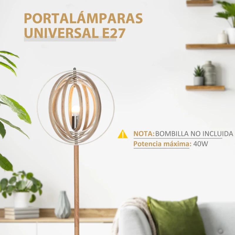 HOMCOM Lámpara de Pie con Pantalla Giratorio Lámpara de Suelo con Base de Madera para Salón Comedor Dormitorio Estudio E27 Máx. 40W Interruptor de Pie 38x38x160 cm Natural