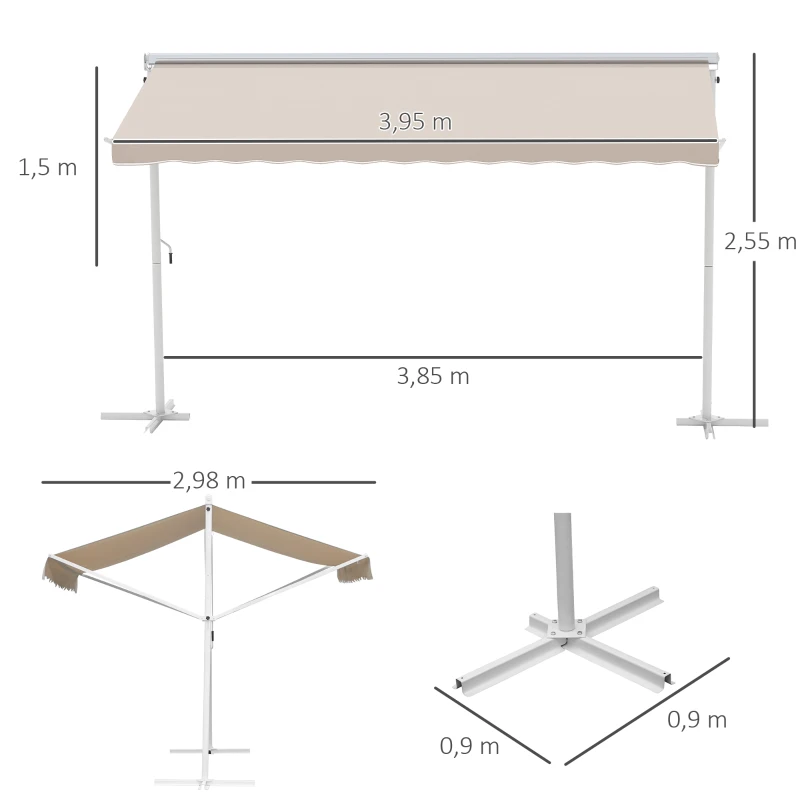 Outsunny Freistehende Markise, neigungsverstellbar, Handkurbel, Metallgestell, wetterfest, 4x3m, Cremeweiß