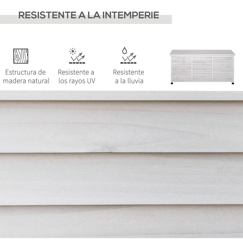 Outsunny Baúl de Almacenaje Exterior 284L Arcón de Jardín de Madera Impermeable con Tapa Abrible y Diseño Persiana 127x56x60 cm Blanco