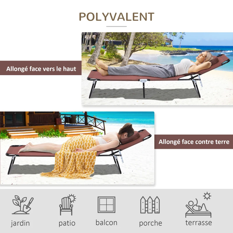 Outsunny Bain de Soleil Pliable transat inclinable 4 Positions Chaise Longue 3 Coussins fournis Marron