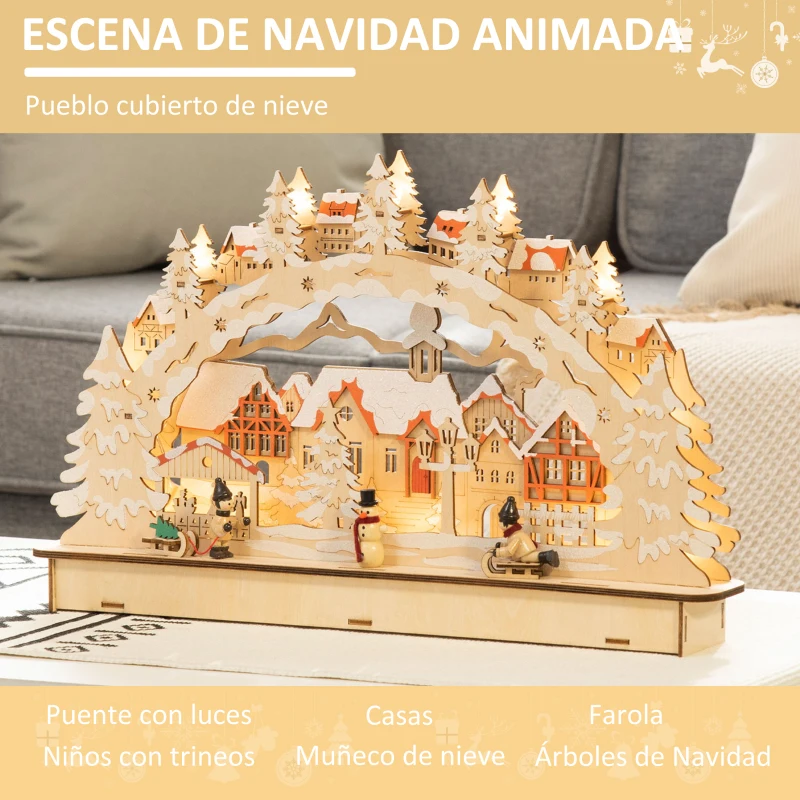 HOMCOM Escena Navideña con 12 Luces Pueblo Navideño Iluminado Decoración de Navidad de Sobremesa 45x7x28 cm Natural