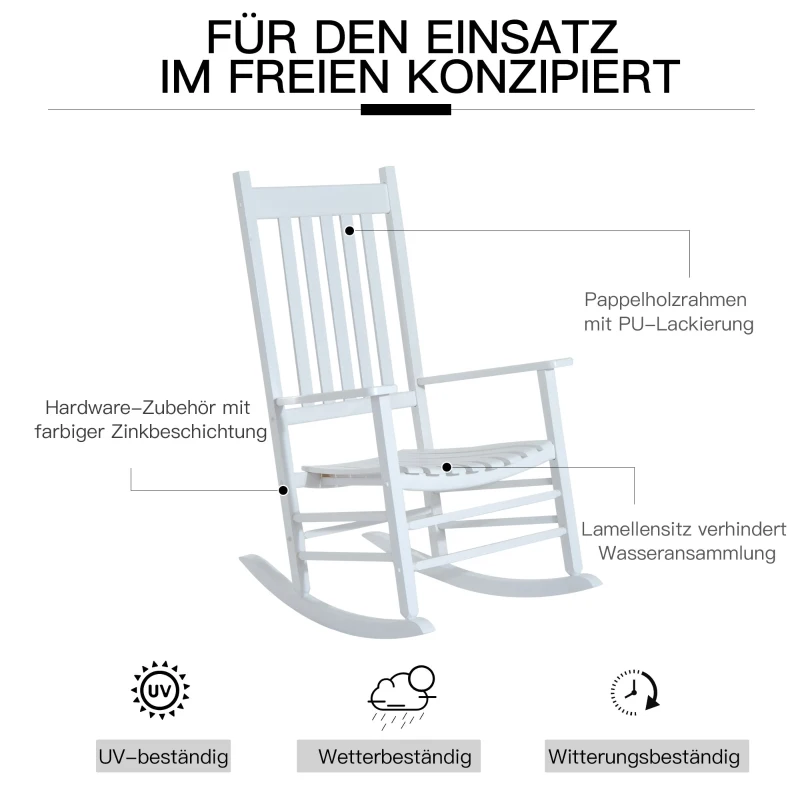 Outsunny Schaukelstuhl aus Holz mit Armlehne Schwingsessel Relaxstuhl Gartenstuhl Weiß 69 x 86 x 115 cm