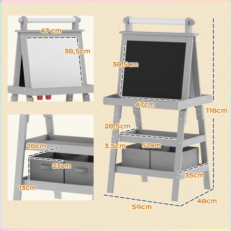 AIYAPLAY Caballete de Pintura para Niños 3 en 1 Pizarra de Doble Cara con Rollo de Papel y Cestas de Almacenamiento Gris