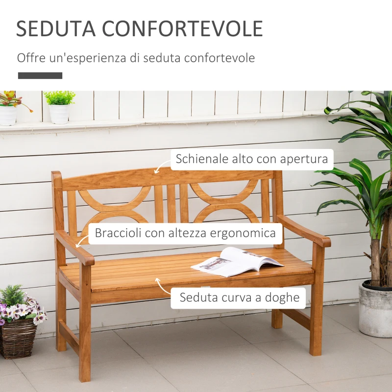 Outsunny Panchina da Giardino in Legno a 2 Posti con Schienale Decorato 123x61x89.5cm, Colore Naturale