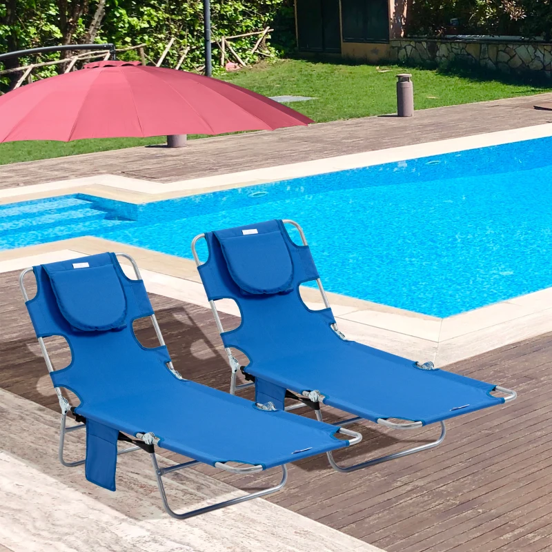 Outsunny 2 Pieces Foldable Sun Lounger with Reading Hole, Portable Sun Lounger with 5 Level Adjustable Backrest, Reclining Lounge Chair with Side Pocket, Headrest Pillow, Blue