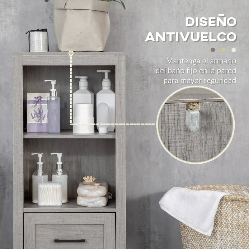 kleankin Armario Auxiliar de Baño con 1 Cajón y 2 Estantes Mueble Auxiliar de Baño Estilo Moderno 40x30x89 cm Gris