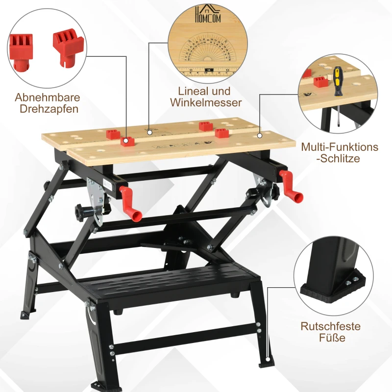 HOMCOM Werktisch Spanntisch Werkbank Werkstatt Versenkbare und klappbare Tischplatte Belastbarkeit Arbeitstisch höhenverstellbarer Tisch Metall Bambus Naturholz+Schwarz+Rot 68 x 60 x 21-78 cm