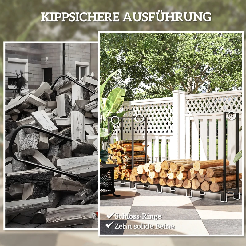 Outsunny Feuerholzgestell, zwei Abschnitte, rostfreier Stahlrahmen, bis 300 kg, 240 x 32 x 115 cm, Schwarz