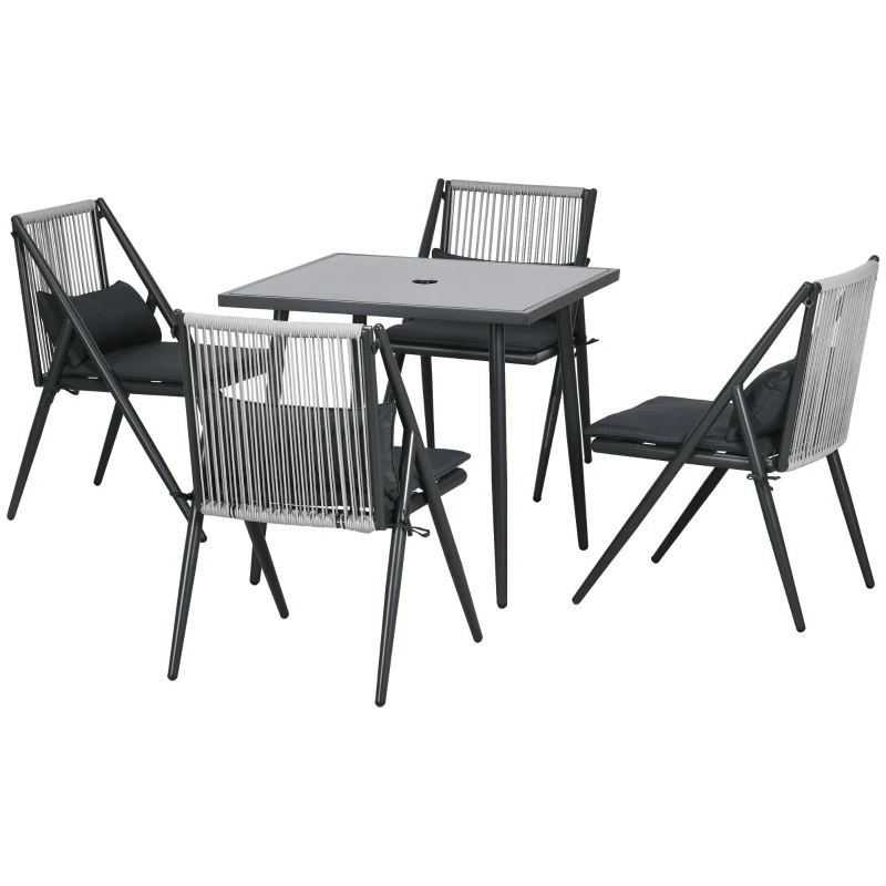 Outsunny Set da Giardino con 4 Sedie con Cuscini e Tavolo da Pranzo Quadrato in Vetro, Grigio Scuro