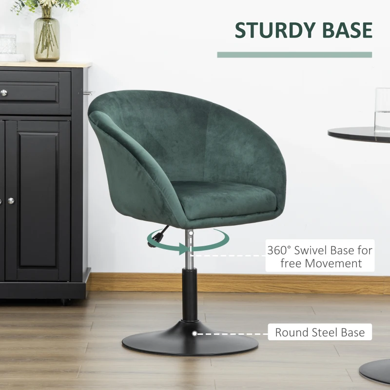 HOMCOM Dressing Table Chair, 360° Swivel Velvet-feel Upholstered Vanity Chair with Tub Seat, Back, Adjustable Height for Bedroom Makeup, Green