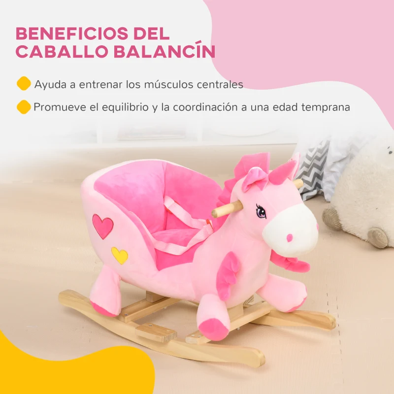 HOMCOM Caballito Balancín Infantil en Forma de Unicornio con Música Cinturón de Seguridad Manillar y Reposapiés 65x35x45cm Rosa