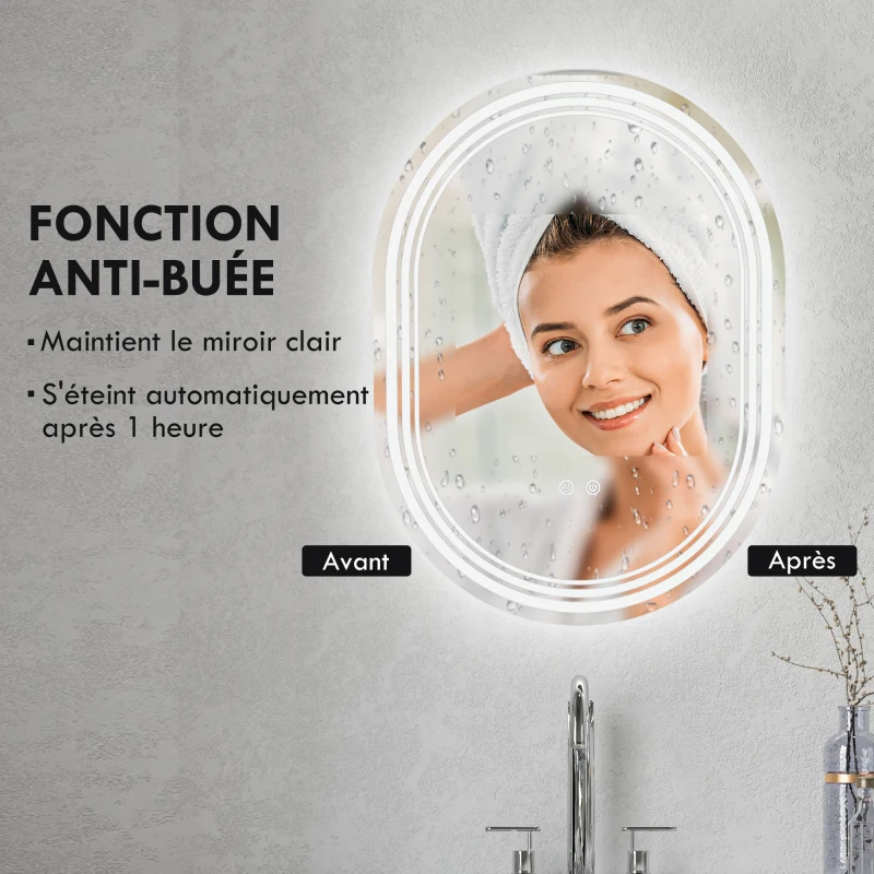 kleankin Miroir de salle de bain ovale lumineux LED 3 couleurs luminosité réglable interrupteur tactile, anti-buée, 70 x 50 cm