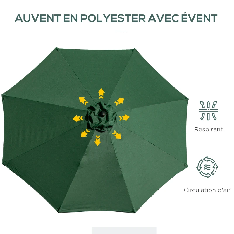 Outsunny Parasol de jardin extérieur Parasol droit inclinable Ø 3 m en métal Rond Polyester 180g/m² manivelle inclinable Vert