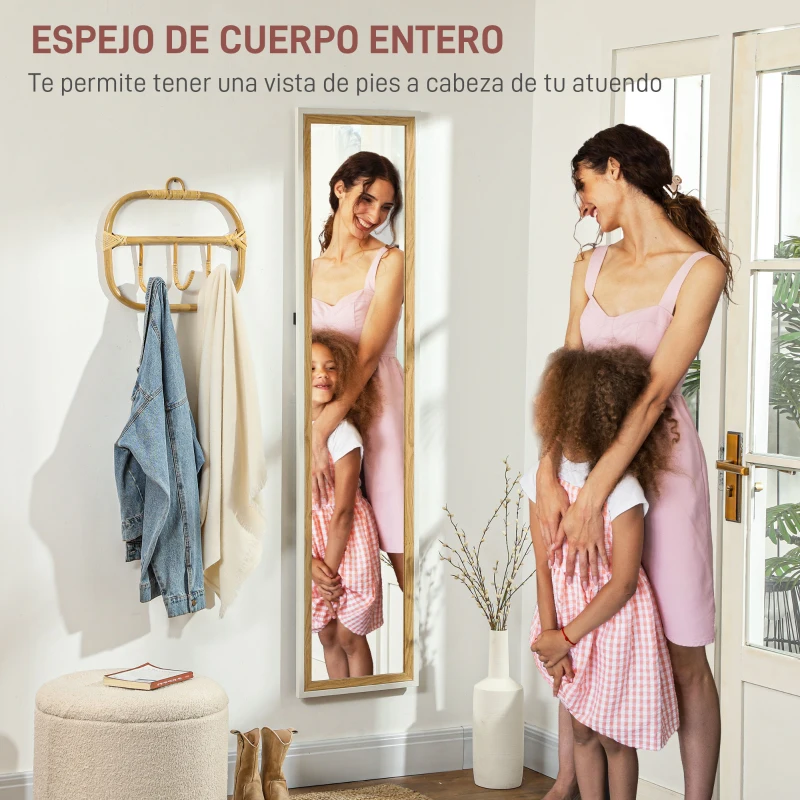 HOMCOM Espejo de Cuerpo Entero 157x37 cm Espejo de Pie o de Pared con Marco de MDF y Soporte Blanco y Natural Oscuro