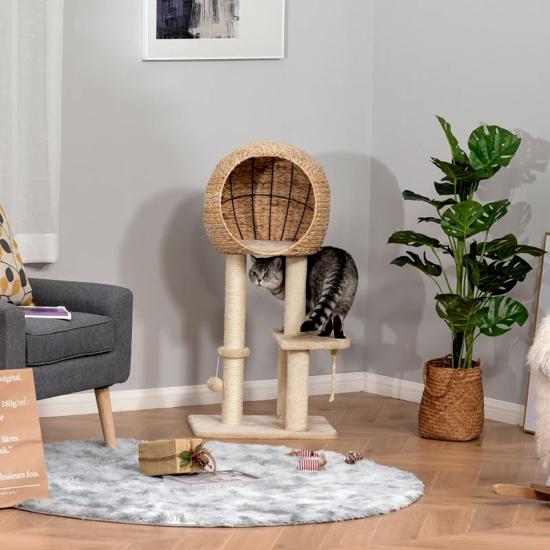 PawHut Albero Tiragraffi per Gatti fino a 5kg con Cuccia e Rivestimento in Peluche 48x40x100cm Beige