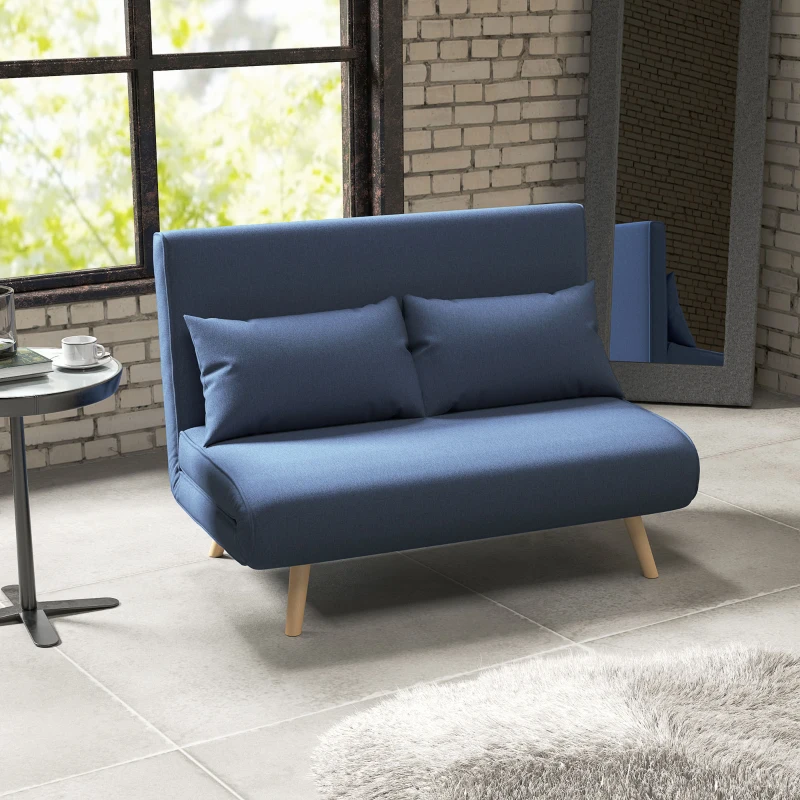 HOMCOM Sofá Cama de 2 Plazas Tapizado en Lino con Respaldo Ajustable en 5 Posiciones y 2 Almohadas 120x75x85 cm Azul Oscuro(m-2)