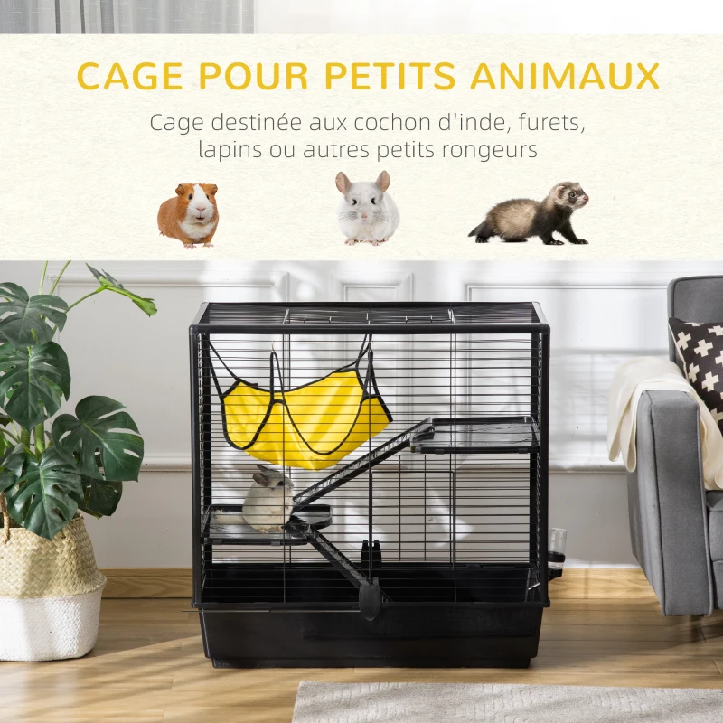 PawHut Cage petits rongeurs cochon d'inde, lapin, furets 3 niveaux avec abreuvoir, hamac, 2 rampes dim. 80L x 48l x 78H cm - noir