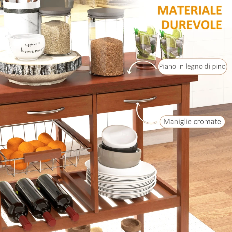 HOMCOM Carrello Portata da Cucina in Legno con Portabottiglie, Cestello, 2 Ripiani, 2 Cassetti, Legno di Pino, Resistente, Agevole, Versatile, 84.5x37.2x85cm
