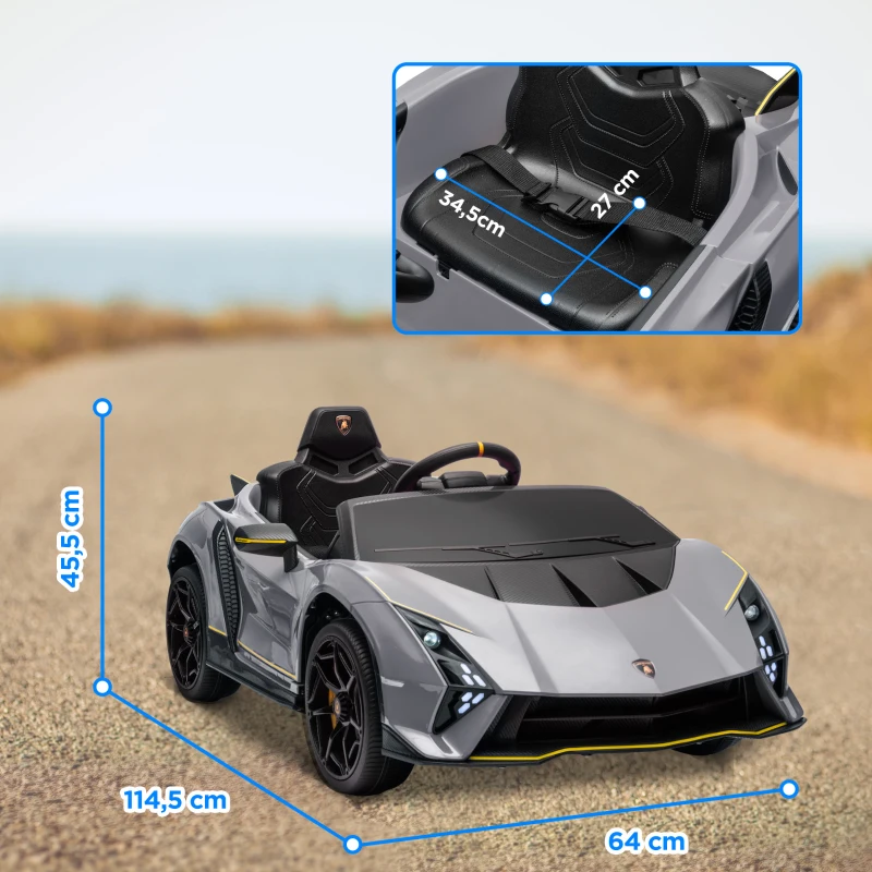 AIYAPLAY Coche Eléctrico para Niños Lamborghini Autentica con Batería 12V Mando a Distancia Faros Bocina Arranque Suave y Música MP3 Gris