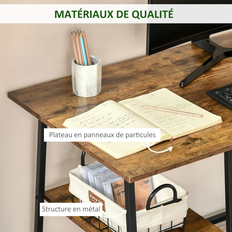 HOMCOM Bureau Informatique Design Industriel 2 étagères Panneaux Particules Aspect Vieux Bois Acier Noir