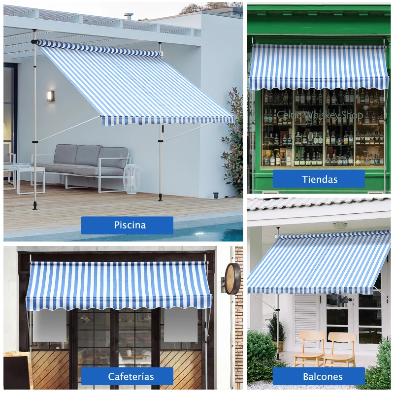 Outsunny Toldo Manual Retráctil para Exterior 197x250x200/300cm Toldo Enrollable con Altura Ajustable y Manivela Color Azul y Blanco