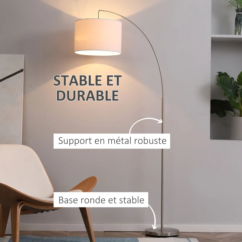 HOMCOM Lampadaire arc lampadaire arceau courbé design contemporain abat-jour polyester interrupteur à pied pour salon chambre et bureau 90 x 38 x 183 cm blanc et argent