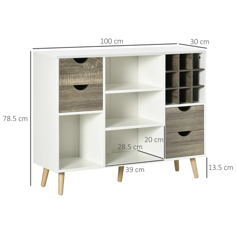 HOMCOM Buffet Sideboard, Kitchen Storage Cabinet, Bar Cabient with Removable Wine Rack, Drawers and Open Compartments, Grey