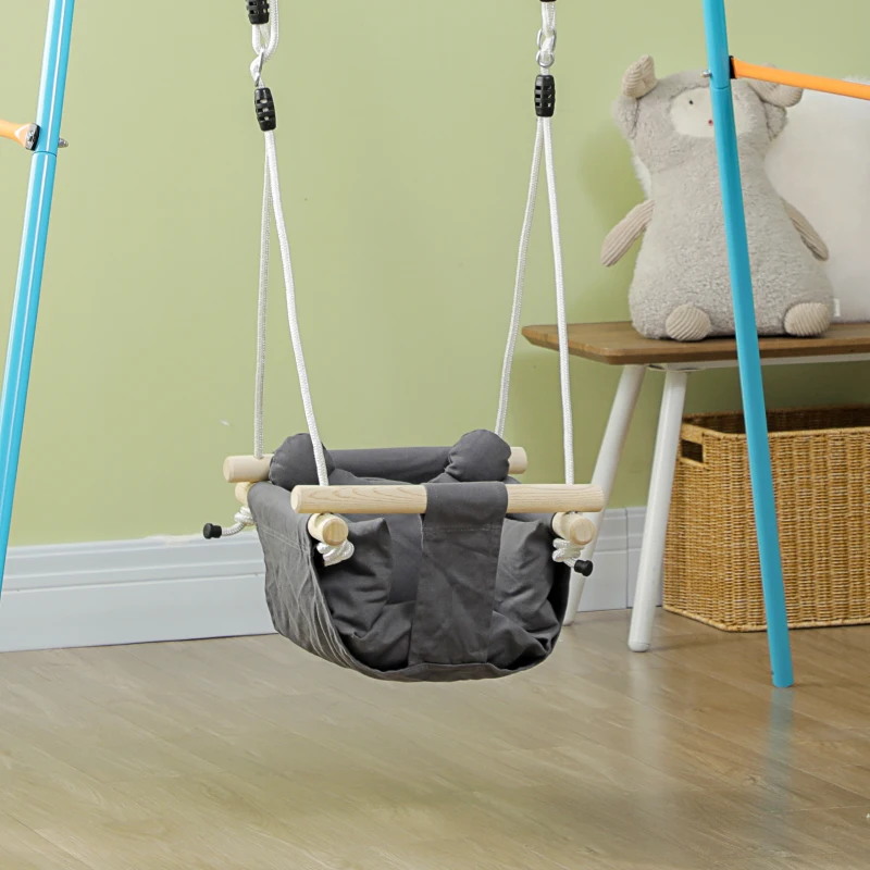 AIYAPLAY Columpio para Bebé con Altura Ajustable para Niños de 9-36 Meses 40x40x110-180 cm Gris y Madera