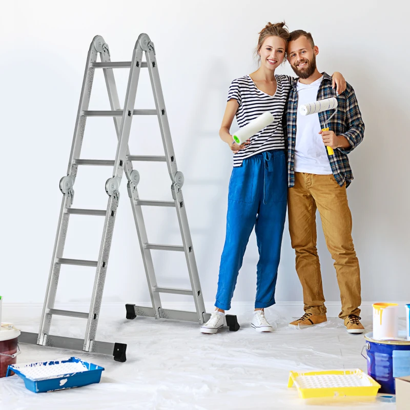 DURHAND 3.4M 5-in-1 Telescoping Ladder with 2 Safety Platforms, Alloy Aluminium Multi Purpose 4-Fold Collapsible Ladder with 12 Steps, 150 kg Weight Capacity