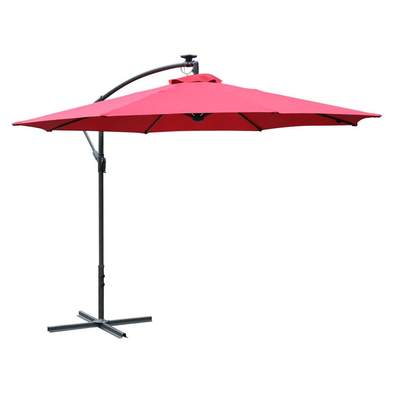 Outsunny Ombrellone da Giardino a Braccio Ø3x2.4  m con Manovella e 8 Strisce LED a Energia Solare, Rosso scuro