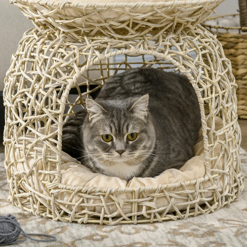PawHut Katzenhaus aus PE-Rattan, 2 Etagen, Katzenhöhle mit Kissen, 42 cm x 42 cm x 40 cm, Beige