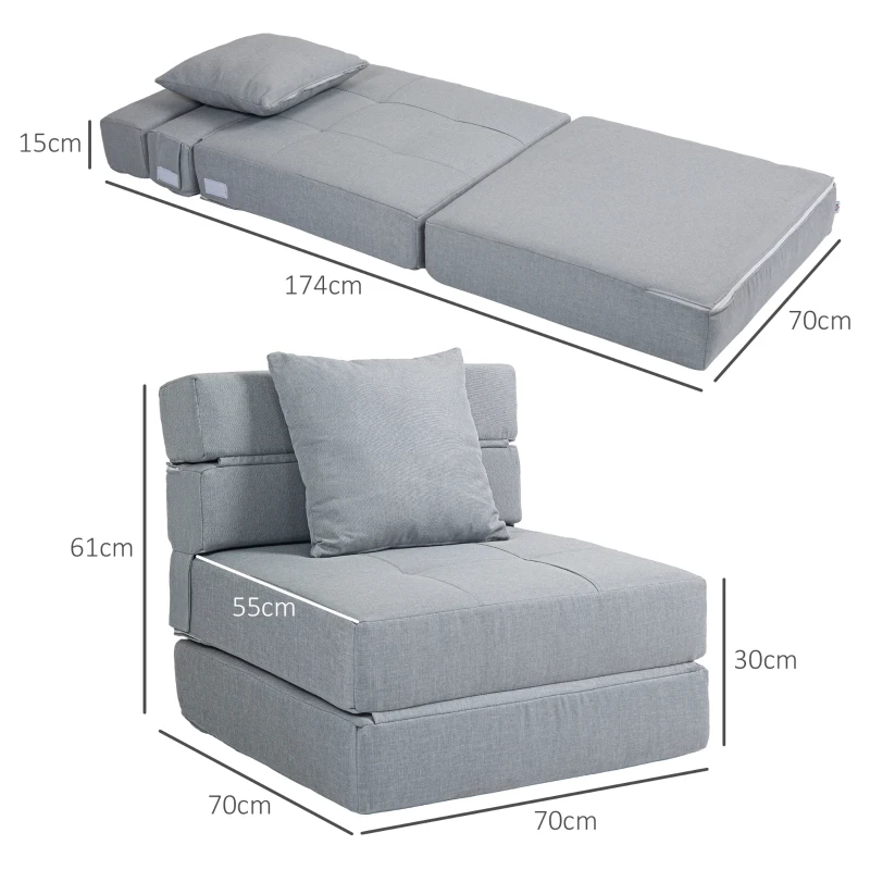 HOMCOM Relaxsessel Liegesessel Sessel mit Bettfunktion, inkl. 1 Kissen, 70 cm x 70 cm x 61 cm, Hellgrau(m-3)