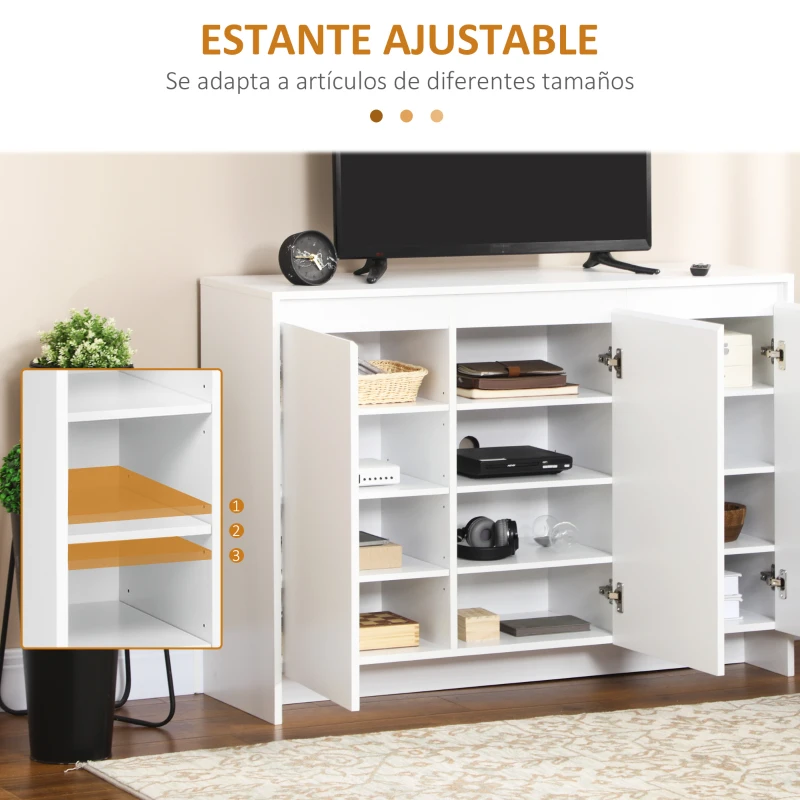HOMCOM Mueble Aparador con 3 Puertas Estantes Ajustables y Cierre Suave Soporte para Televisores 120x35x85 cm Blanco
