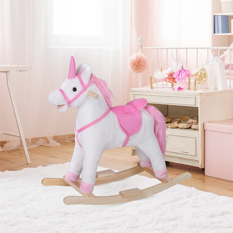 HOMCOM Cavallo a Dondolo in Legno Unicorno Giocattolo Cavalcabile Bambini Peluche 78 × 28 × 68cm Rosa