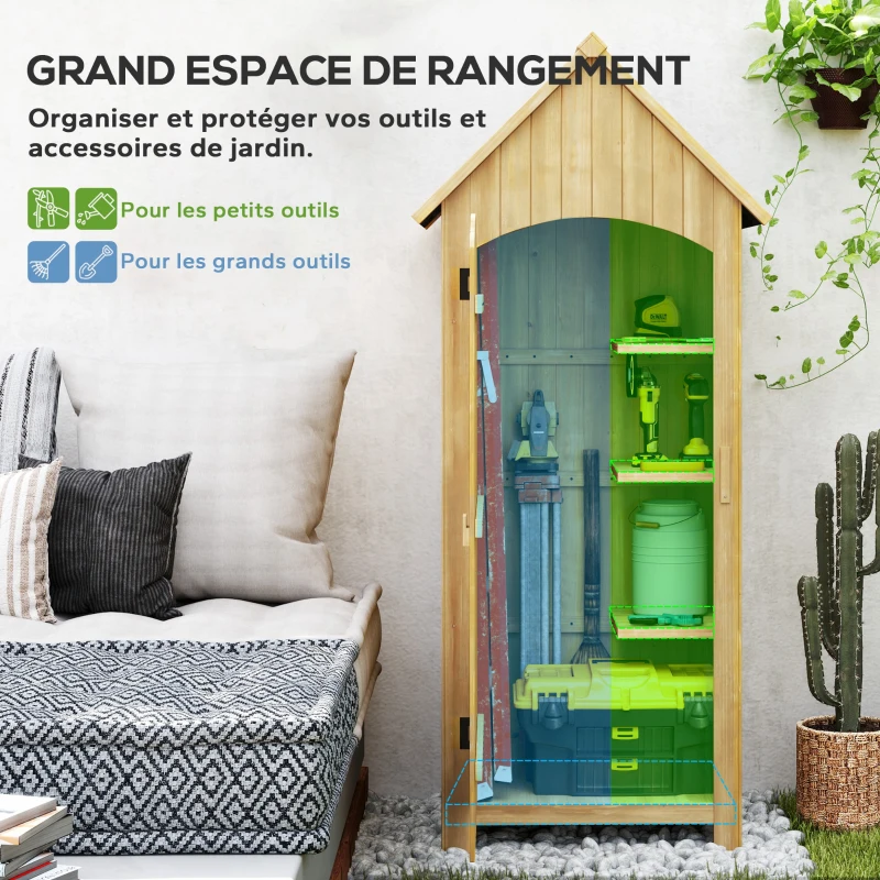 Outsunny Abri de jardin en bois cabane de jardin exterieur armoire de jardin avec toit bitumé 3 étagères porte avec loquet rangement et stockage extérieurs pour terrasse 77,5 x 54,2 x 179,5 cm naturel